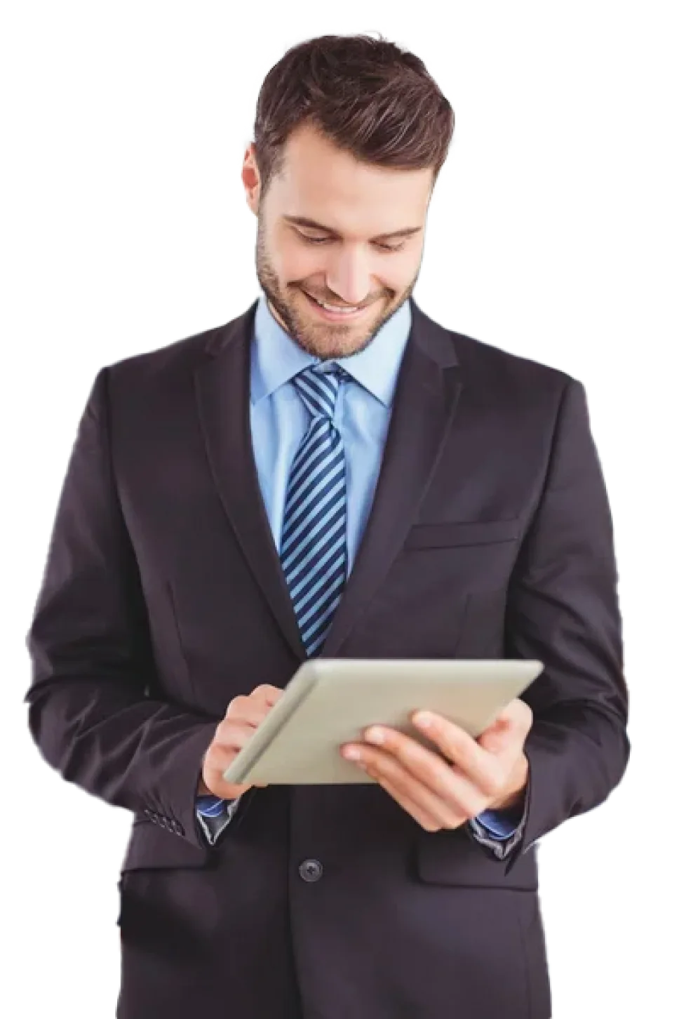 Lawyer in a suit using trial software on ipad