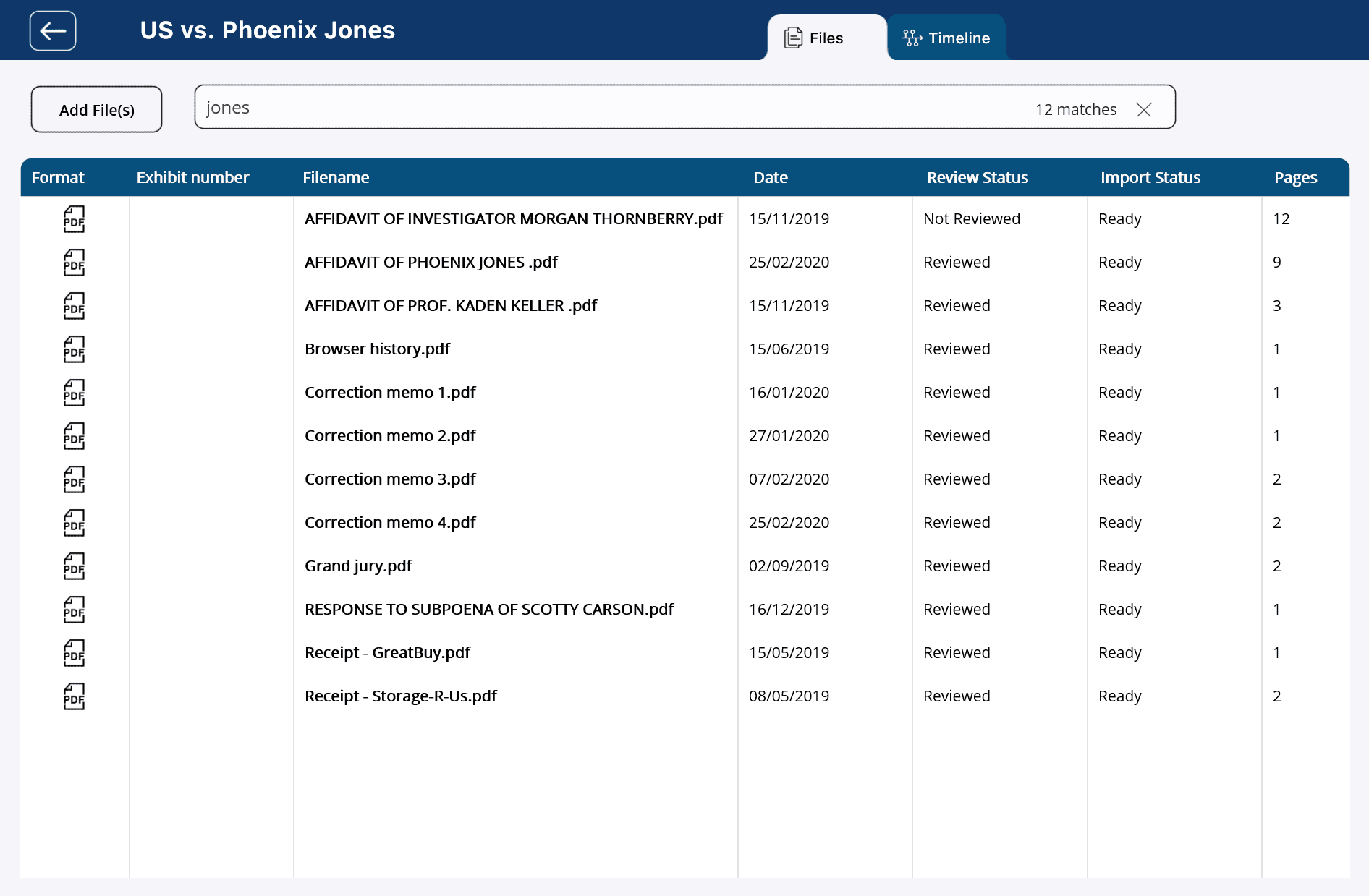 Searchable legal timeline tool