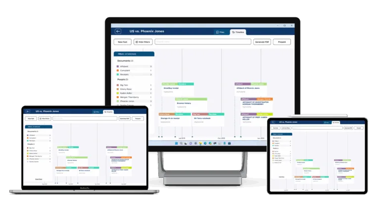 Computers and ipads showing how legal timeline software will look on each screen