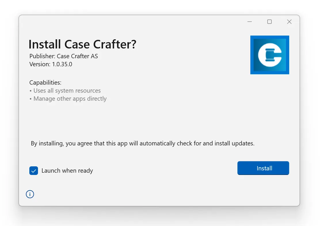 A pop-up launcher to install Case Crafter timeline software.
