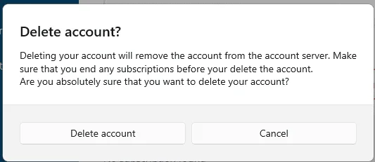 A pop-up window confirming that a user wants to delete their account.