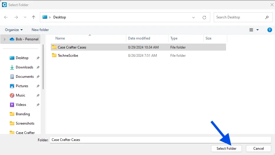 An arrow pointing to a "Select Folder" button in a file folders pop-up.