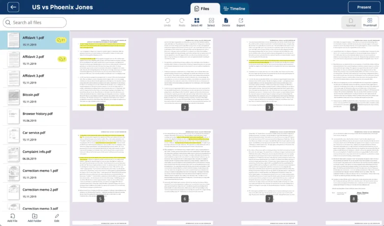 Screenshot of the Case Crafter legal timeline software showcasing the dashboard for indexed files