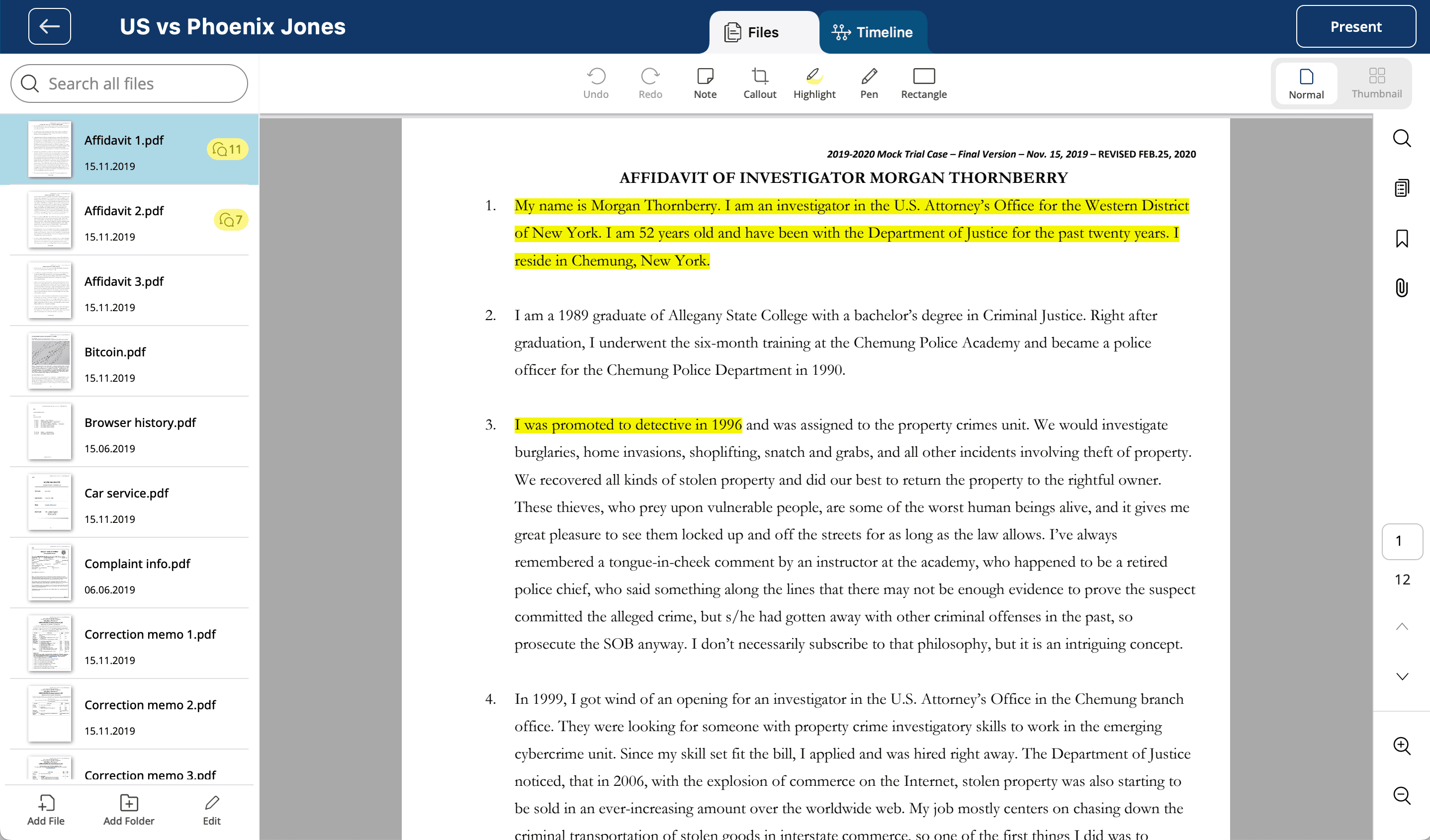 Screenshot of the Case Crafter legal timeline software showcasing the timeline maker