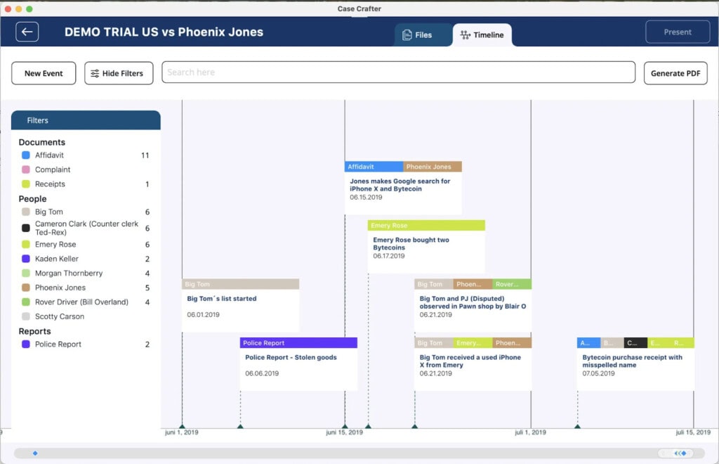 Screenshot of Case Crafter Legal timeline software