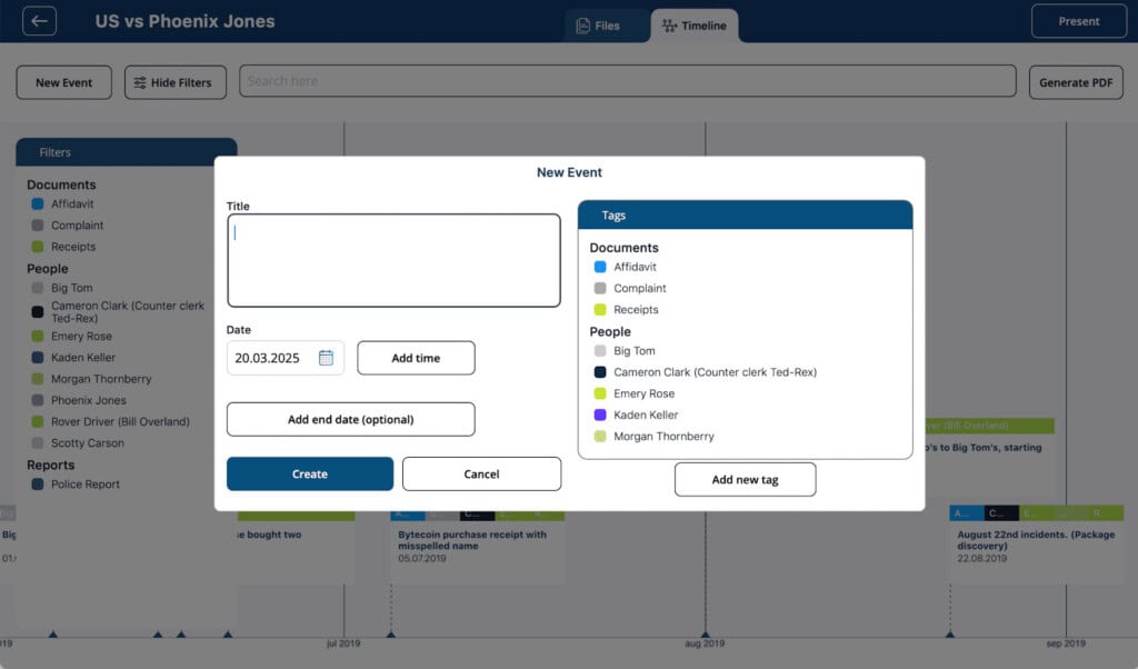 Screenshot of filtering on a legal timeline software