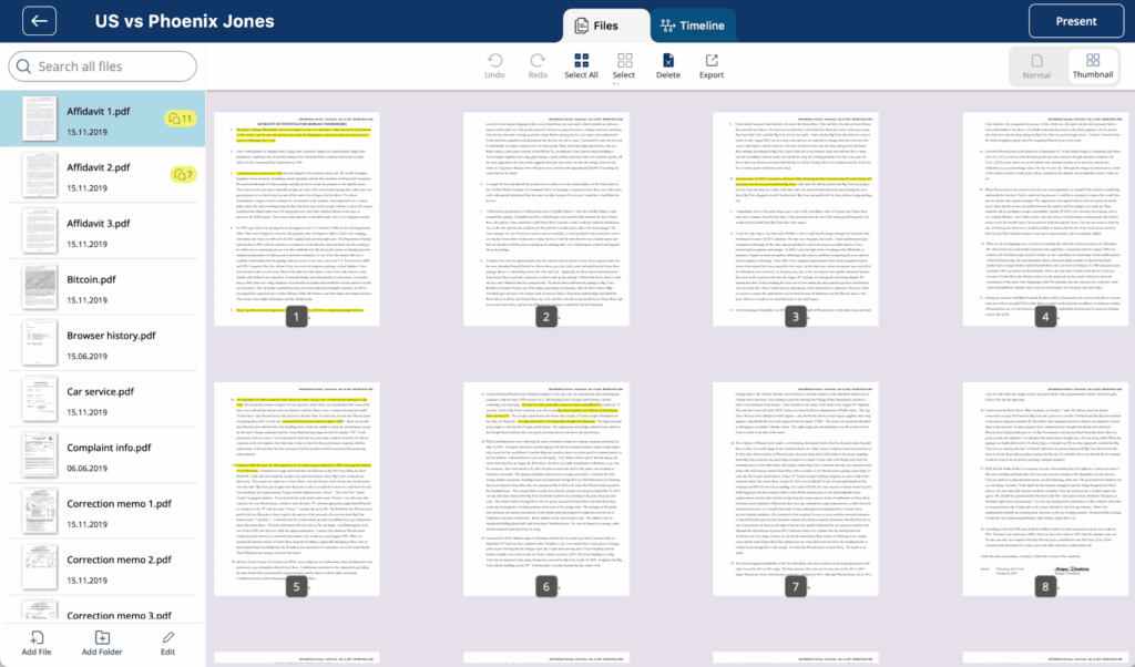 Screenshot of how to generate PDF in legal timeline software