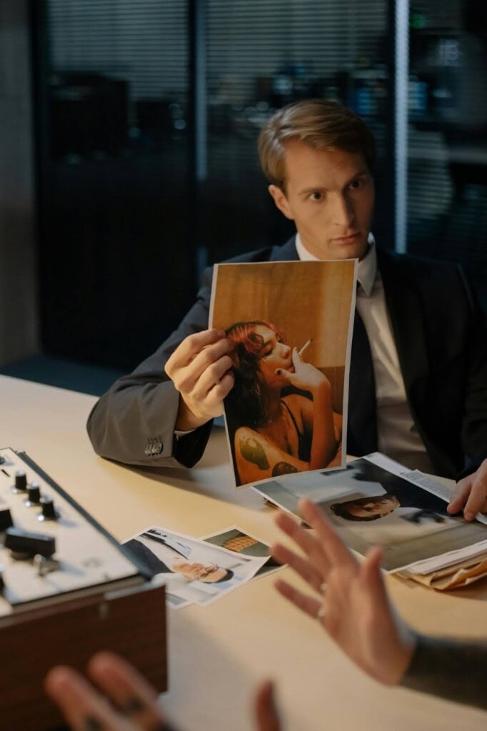 White man with blond hair holding up a picture of a woman smoking