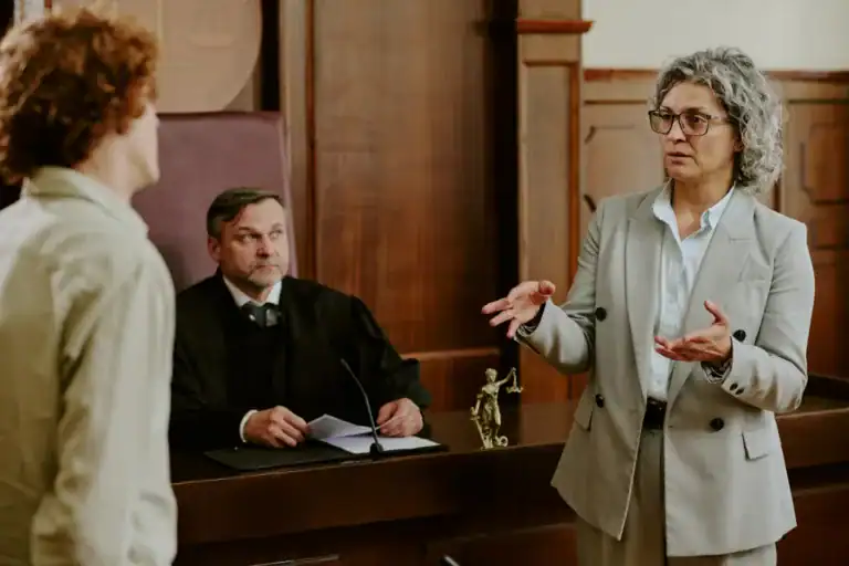 Attorney speaking in courtroom while addressing judge and opposing counsel during a legal proceeding