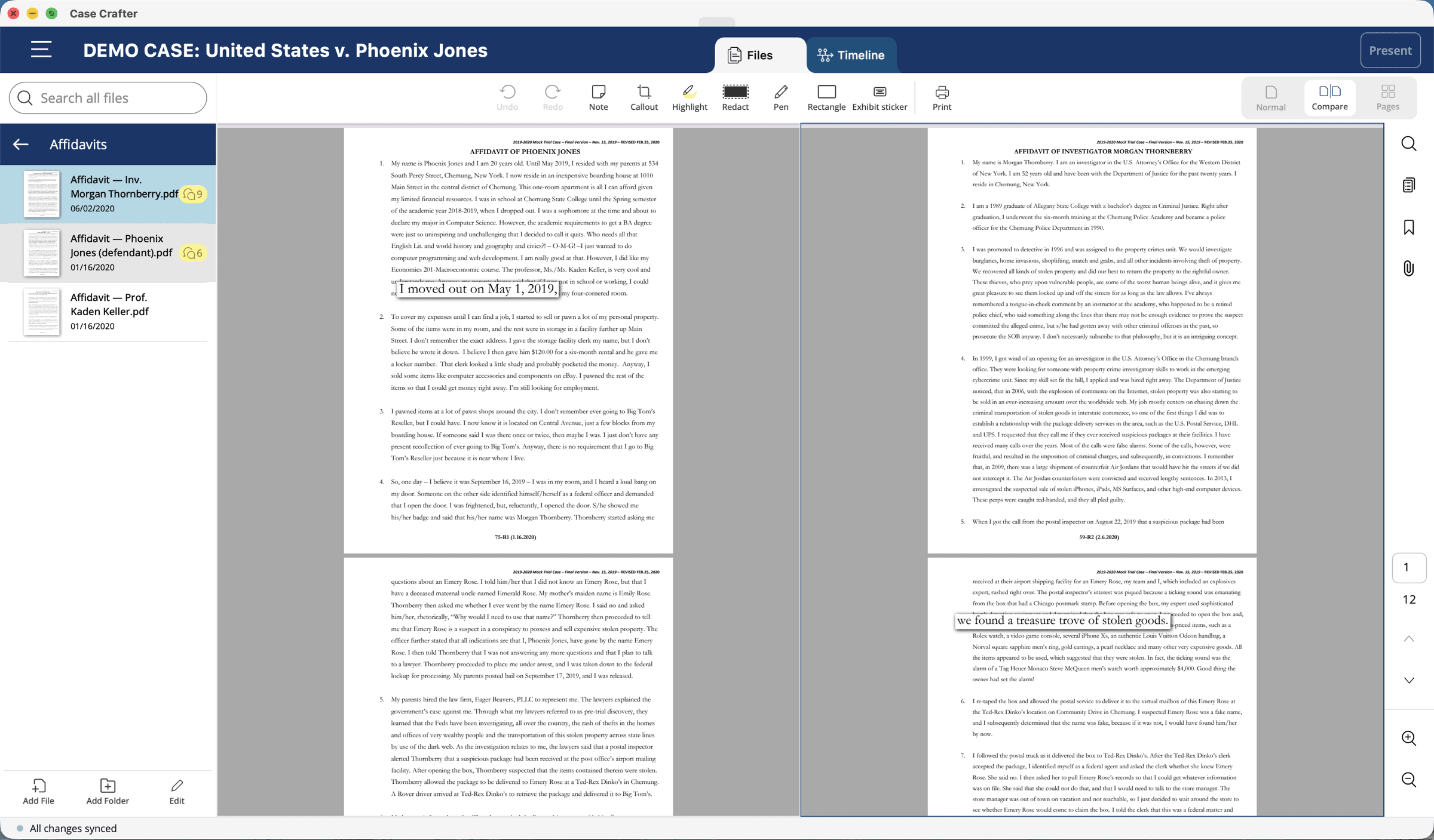 Case Crafter compare view showing a deposition and an affidavit side by side