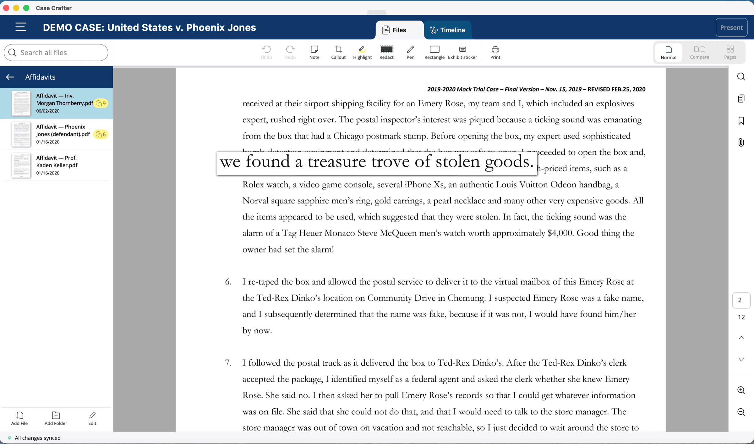 A callout enlarging one sentence of an affidavit in Case Crafter