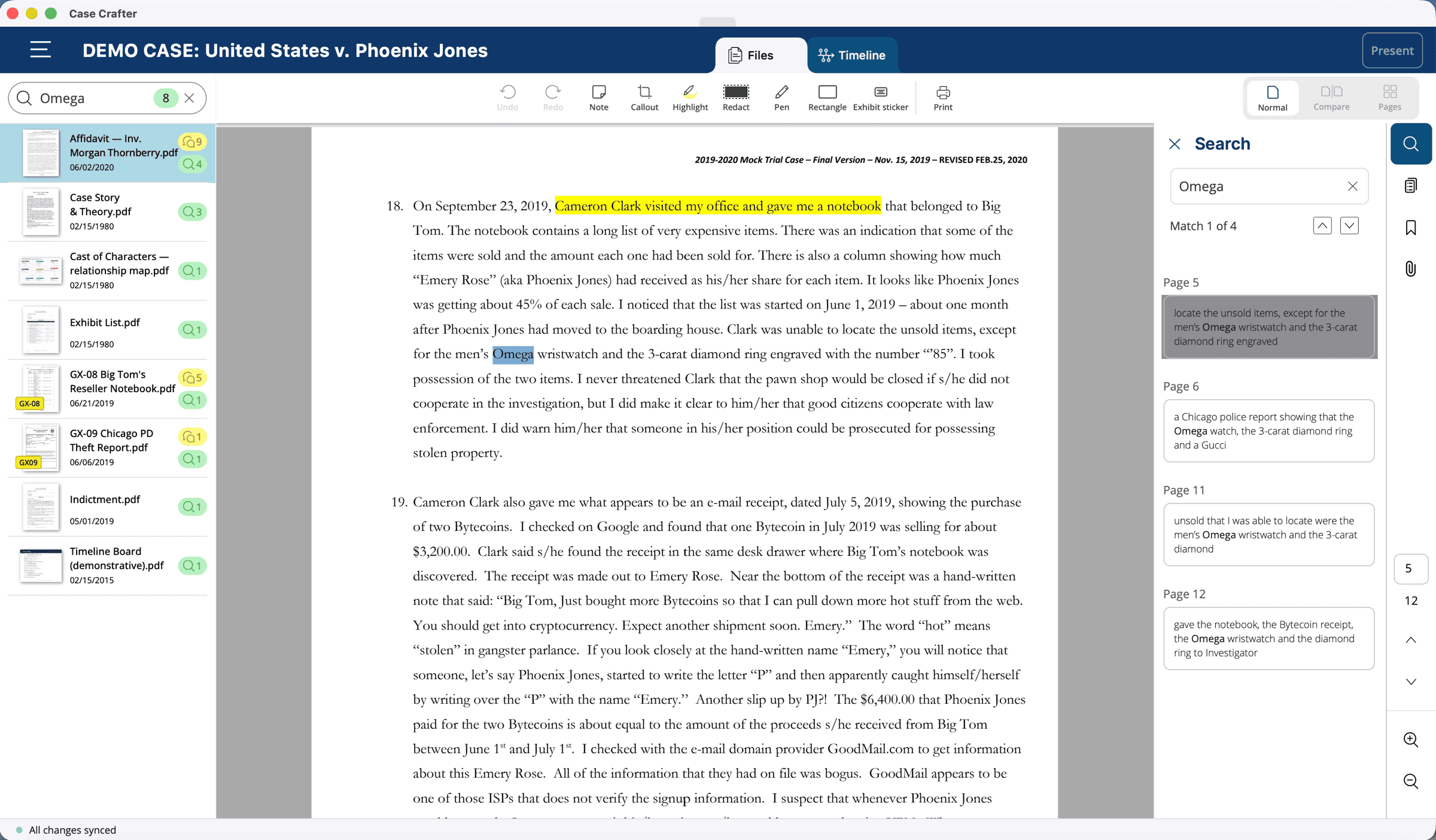 Full-text search across a case in Case Crafter, with hits listed per document and page