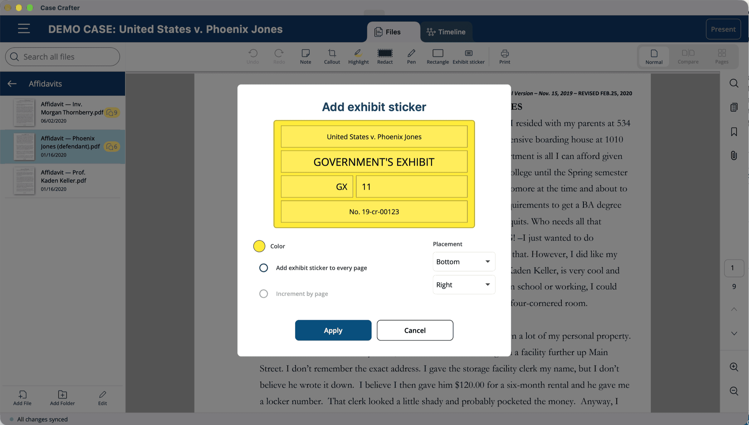 The Add exhibit sticker window in Case Crafter with the sticker preview, color, placement and per-page options