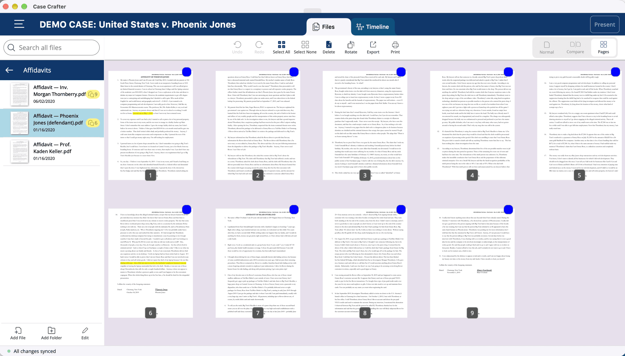 The Pages view in Case Crafter with all pages selected and the Rotate tool available