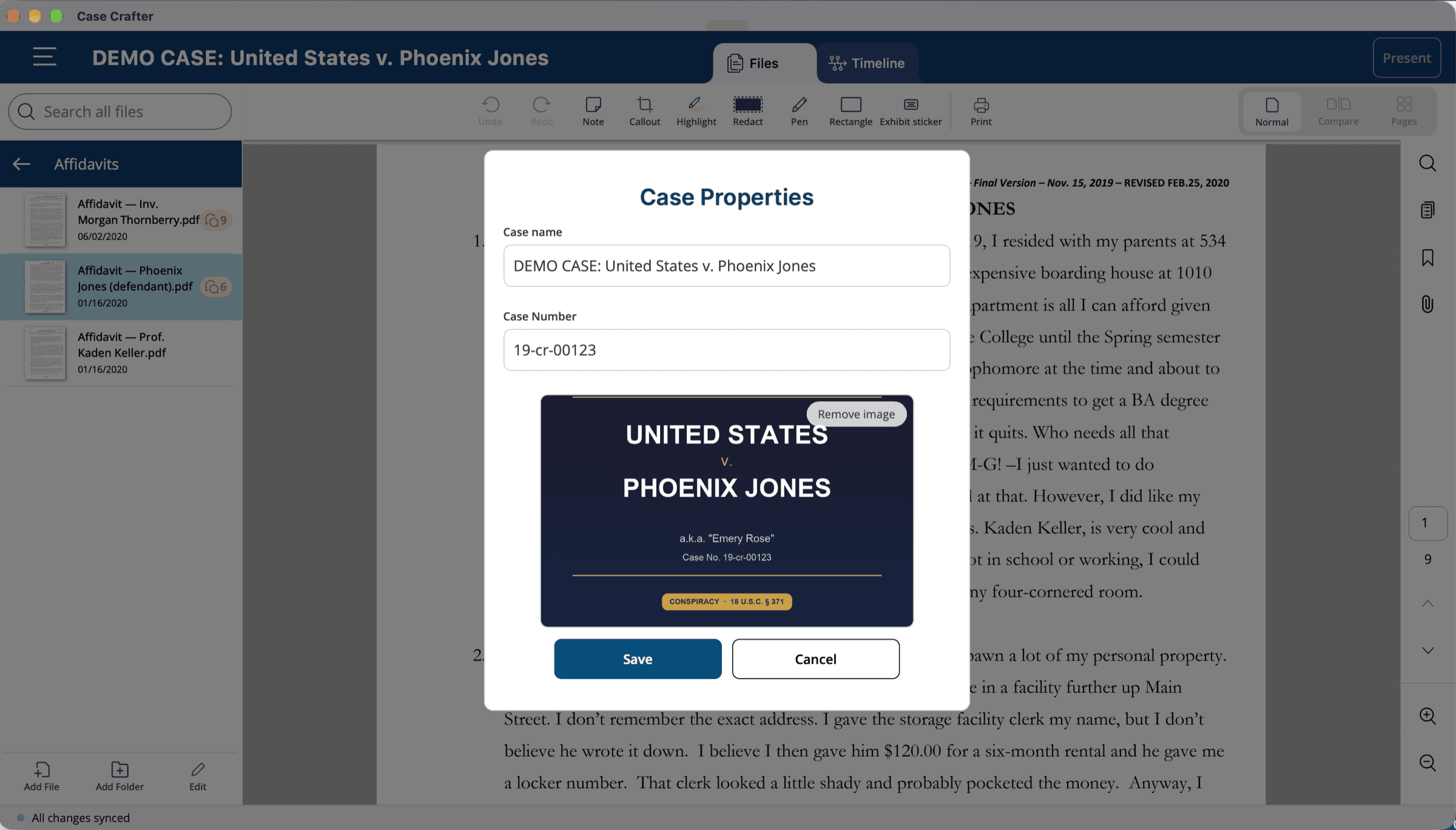 The Case Properties window in Case Crafter with case name, case number and case image