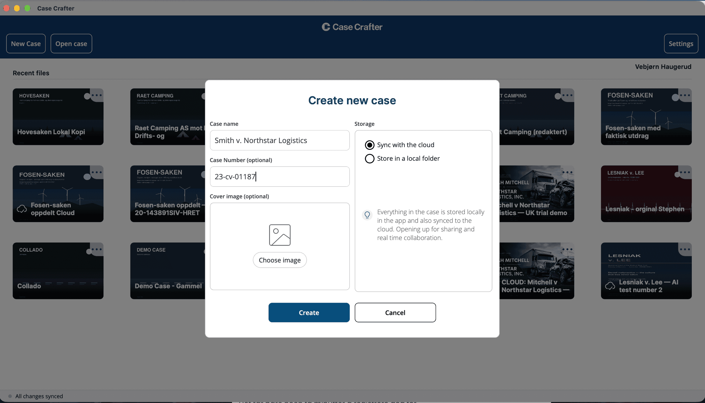 The Create new case window in Case Crafter with the storage choice: sync with the cloud or store in a local folder