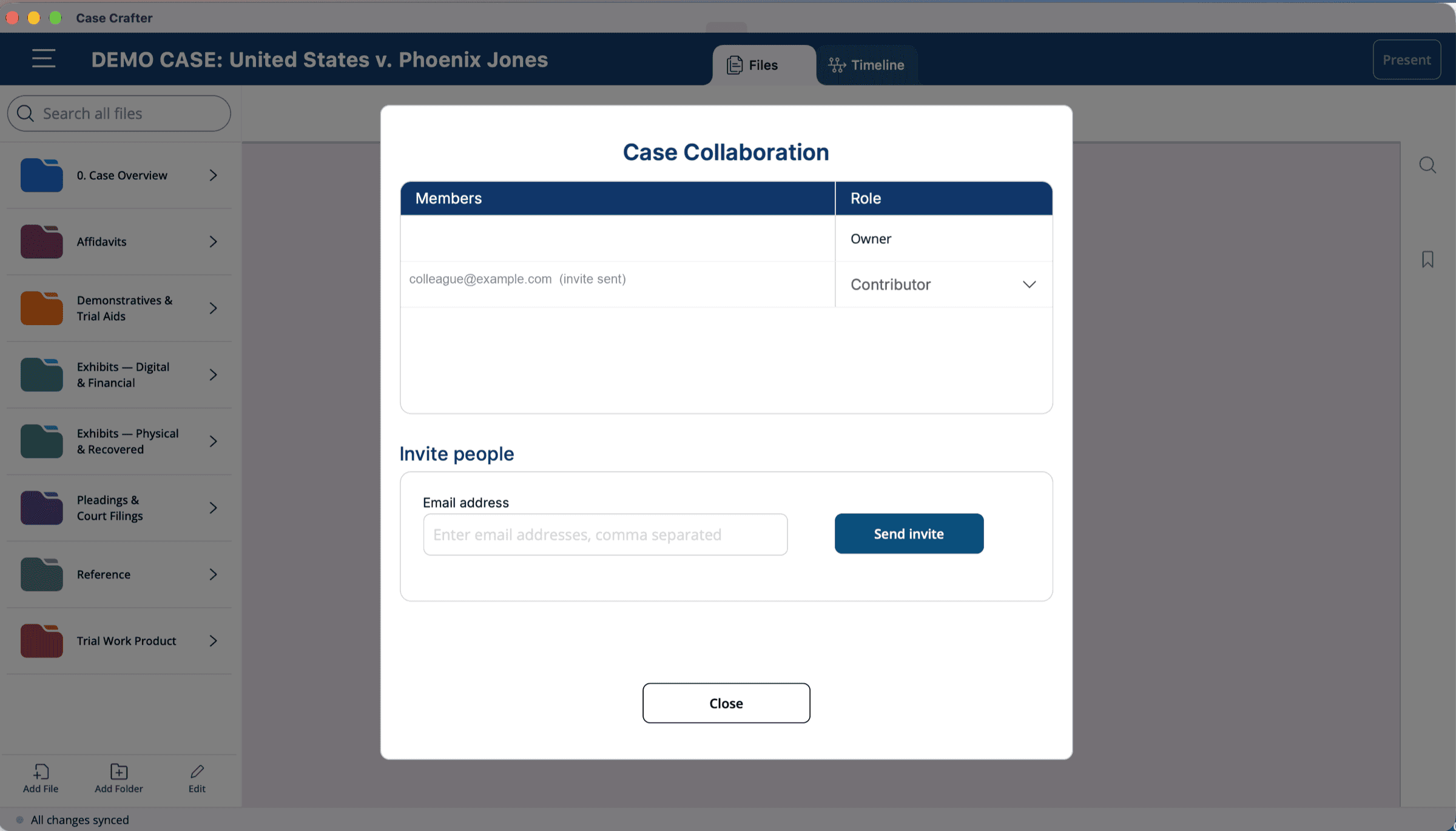 The Case Collaboration window in Case Crafter with the members list, roles and the invite field